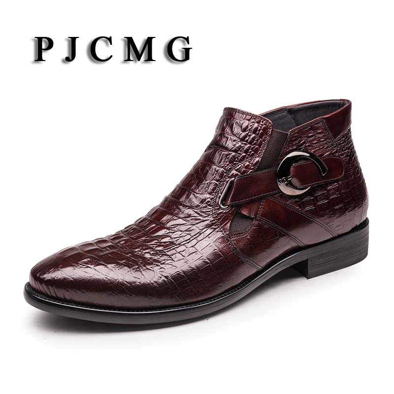 

ZGZJYWM New Pointed Toe Slip-On Ankle Boots Men Hombre Genuine Leather Men Motorcycle Boots For Men High Top Men Shoes