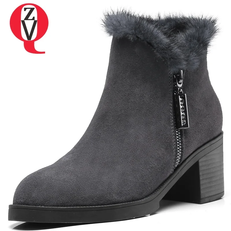 

ZVQ women shoes 2018 winter newest warm concise zip ankle boots high square heel round toe cow suede black and grey ankle boots