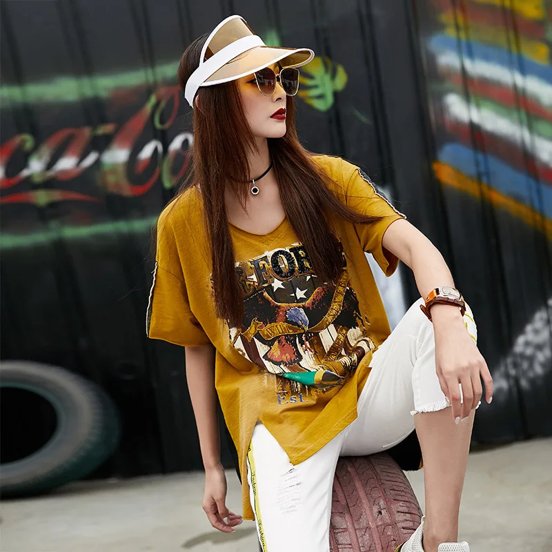 Max LuLu, летняя модная Корейская одежда в стиле панк, женские футболки Gohtic, женские джинсовые винтажные Длинные футболки с v-образным вырезом и принтом - Цвет: Цвет: желтый