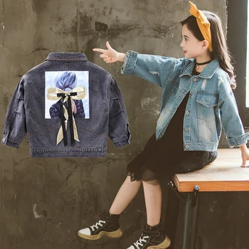 

Fashion Spring Autumn Baby Girls Jacktets Long Sleeve Print Casual Denim Coats Ribbon Decoration Outerwear Turn-down Collar Tops