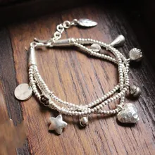 Дизайн Тайский ручной строка s925 браслет из чистого серебра; женские туфли на плоской подошве Многослойные Личность шарма сердца с принтом «маленькие рыбки»