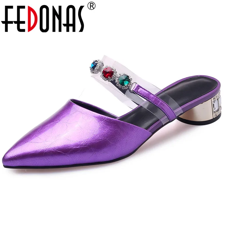

FEDONAS Color Rhinestone Rivet Slippers Women New Brand Quality Genuine Leather High Heels Summer Fashion Sandals Shoes Woman