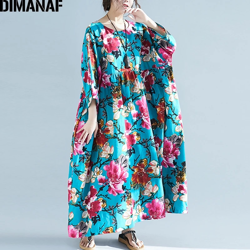 

DIMANAF Plus Size Women Beach Dress Summer Sundress Big Size Batwing Print Floral Female Vestidos Loose Lady Linen Dress 5XL 6XL