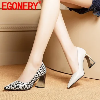 

EGONERY genuine leather leopard woman pumps spring new fashion sexy pointed toe woman shoes outdoor super high heels party shoes