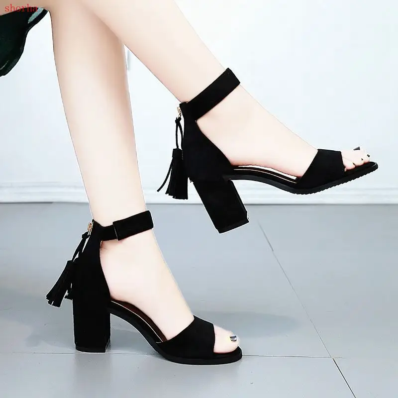 

New Womens Sandals Summer High Heels Shoes Open Toe Woman Shoes Ankle Strap Pumps Fringe Cover Heels sandalias mujer