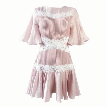 

New summer 2018 heavy lace stitching pressure plait dress small pleated dress with short sleeves