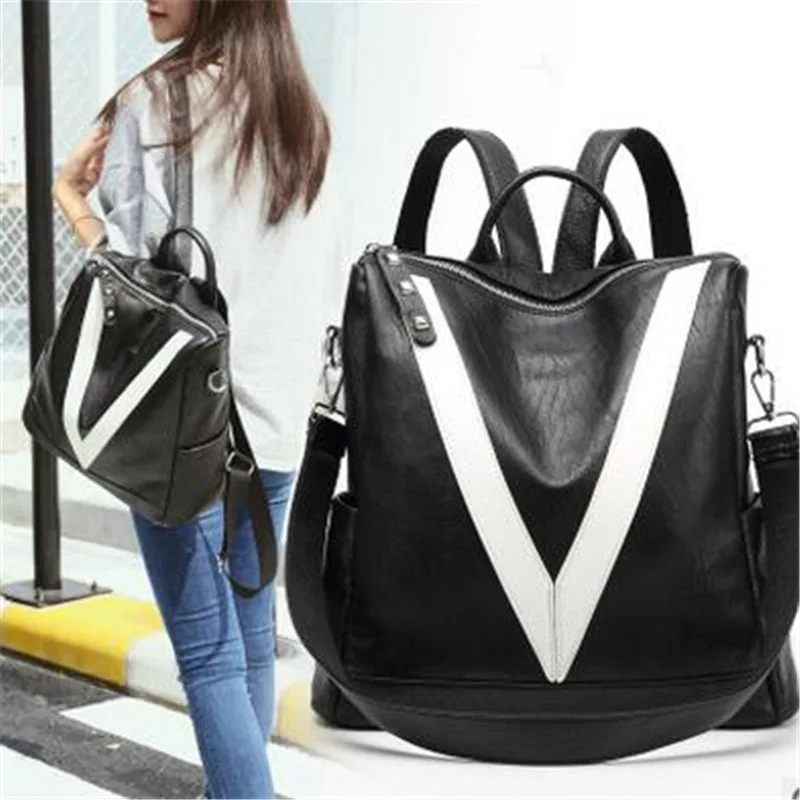 

2017 New Style Casual Joker V Alphabet Backpack Fashion Large Capacity Laptop Women Backpack Black Casual Travel Shoulder Bags