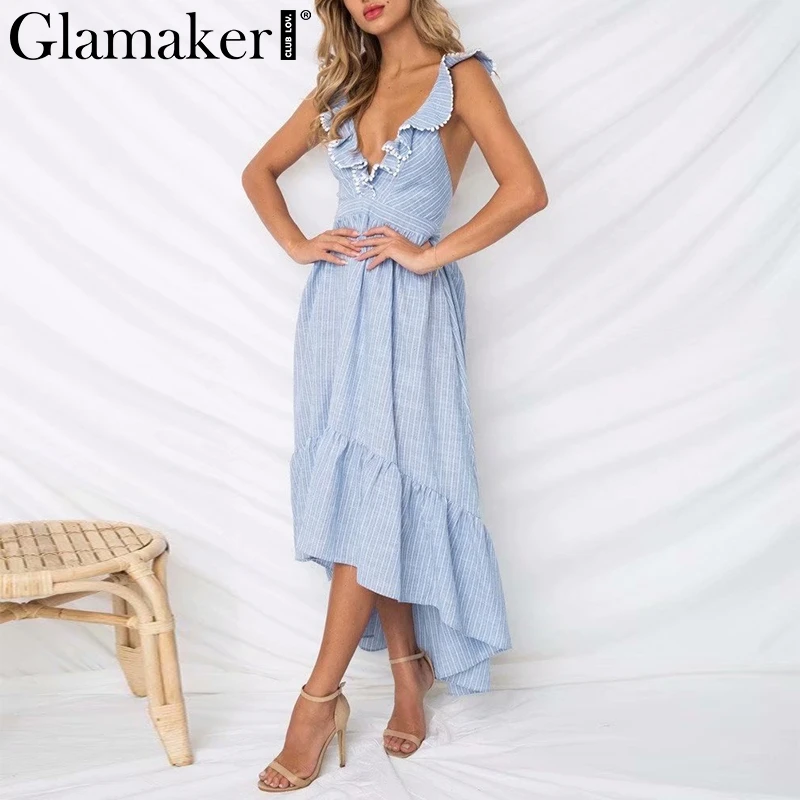 Glamaker Ruffle lace up blue sexy dress Women backless high waist turn down maxi dress Beach winter dress 2018 vestidos sundress
