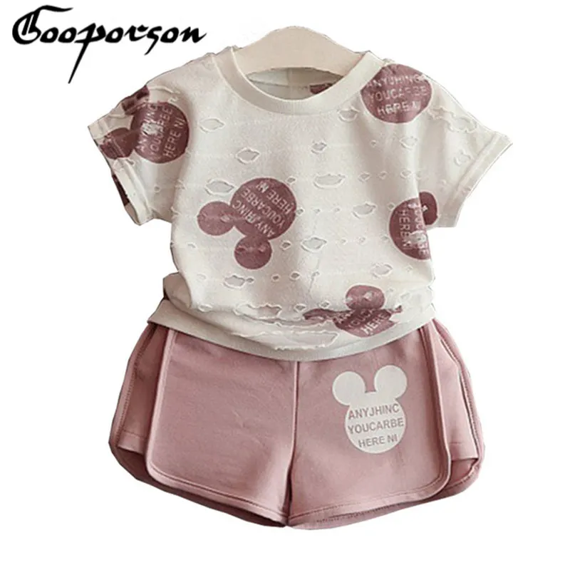 

2017 New Brand Girls Mickey Sport Suit Cartoon Clothing Set Ripped White Shirt With Shorts For Kids And Children Clothing