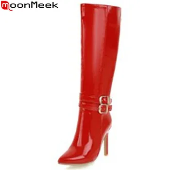 

MoonMeek black fashion autumn winter boots women pointed toe zip mid calf boots buckle thin high heels ladies prom boots