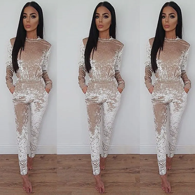 

Women Autumn Winter Casual Pullover Top Elastic Waist Pants Two Piece Sets Fashion Long Sleeve Velvet Suits