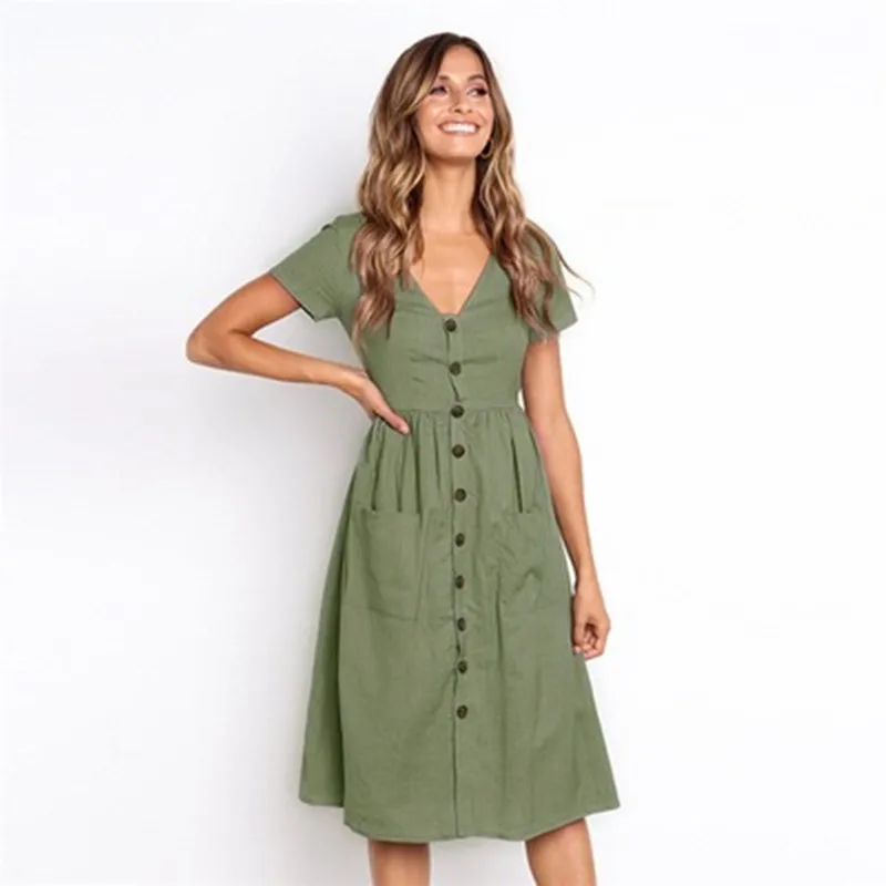 New Fashion Women Summer Dress V Neck Short Sleeve Midi Dress Button with Pockets Beach Dress Vestido Mujer DR701 - Цвет: green