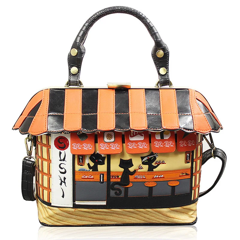 

New women bags Shoulder Bag cut cat house Handbag Sushi Style Retro Handmade Bolsa Feminina PU Bags For Ladies cartoon bags