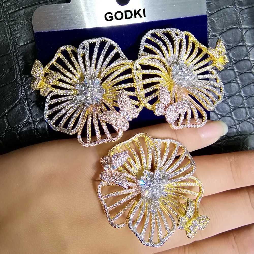 

GODKI Luxury Butterfly Flower Cubic Zirconia Brand New Engagement Earring Ring Jewelry Sets For Women Dubai 3 Tone Jewelry Sets