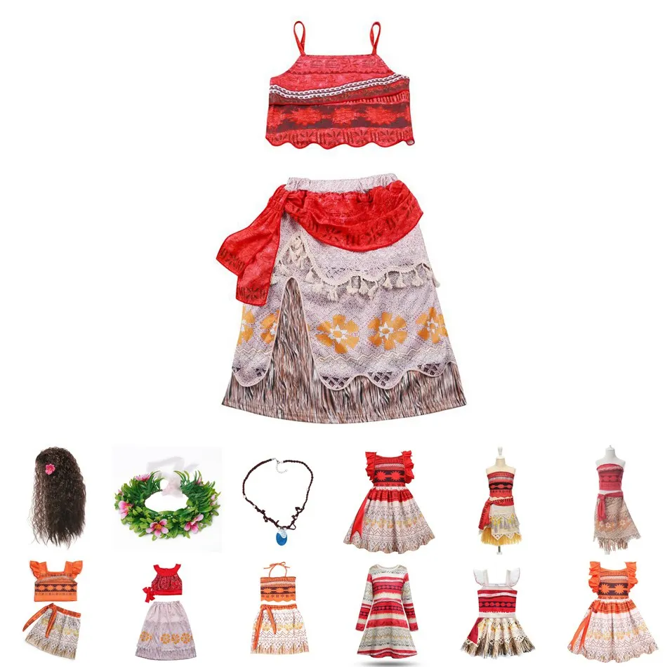

Princess Moana Costume Set with Necklace Little Girls Vaiana Adventure Cosplay Fancy Dress Up Outfit Children Party Clothes