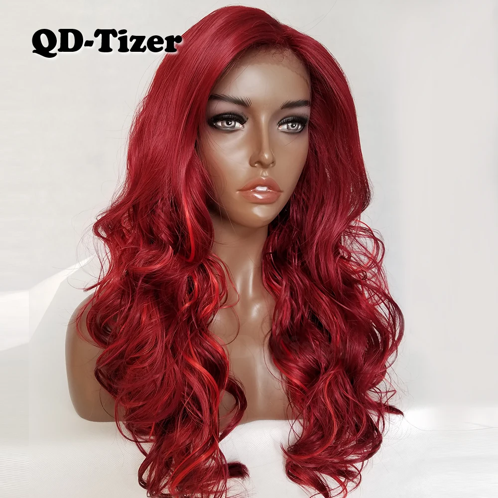

QD-Tizer Hair HOT Sell Long Body Wave Red Color Synthetic Lace Front Wig Glueless Two Ombre Hair Lace Front Wig for Black Women