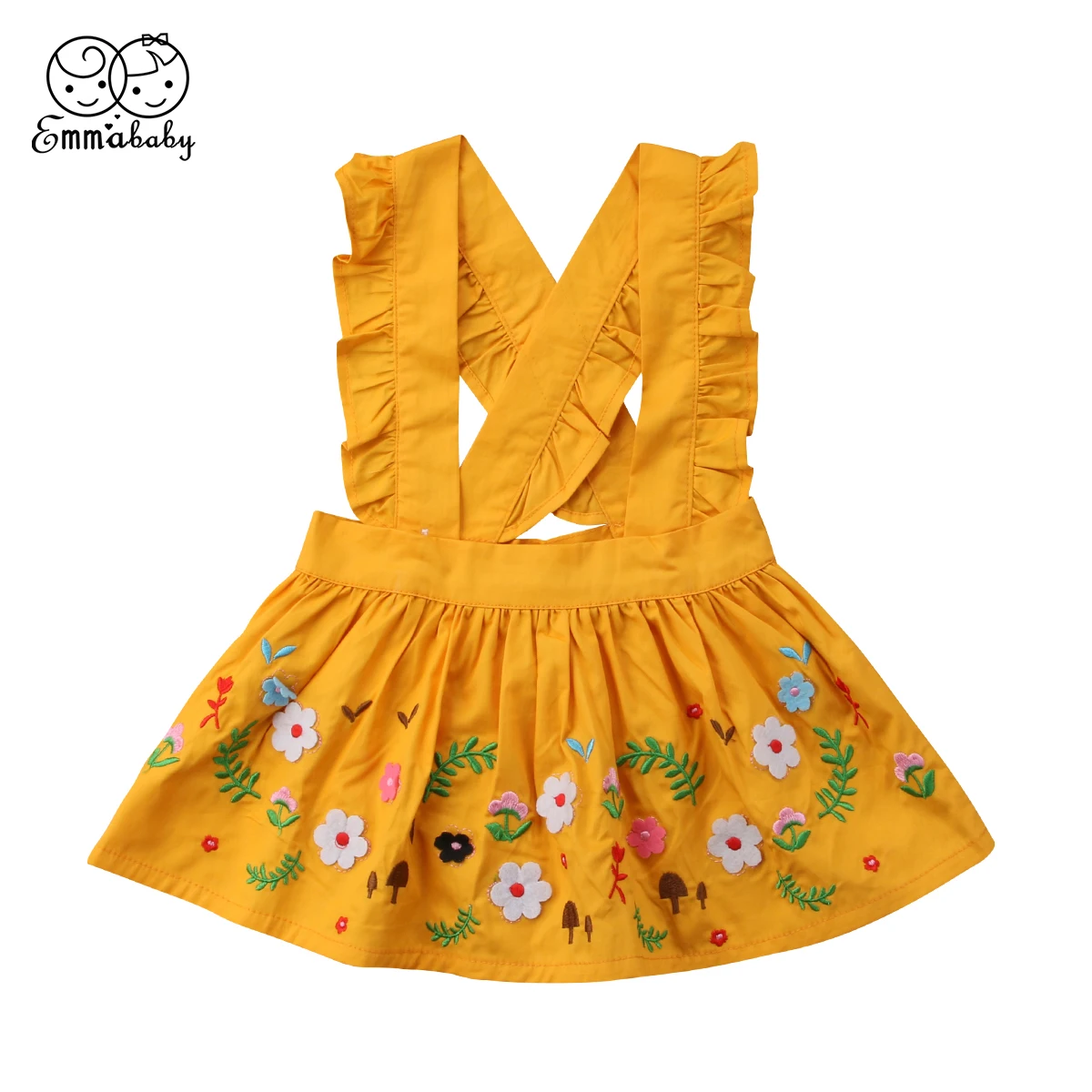 2018 Fashion Baby Girls Overall Dress Floral Ruffles Yellow Suspender Dress Cute Casual Kids Outfit Baby Girl Clothes