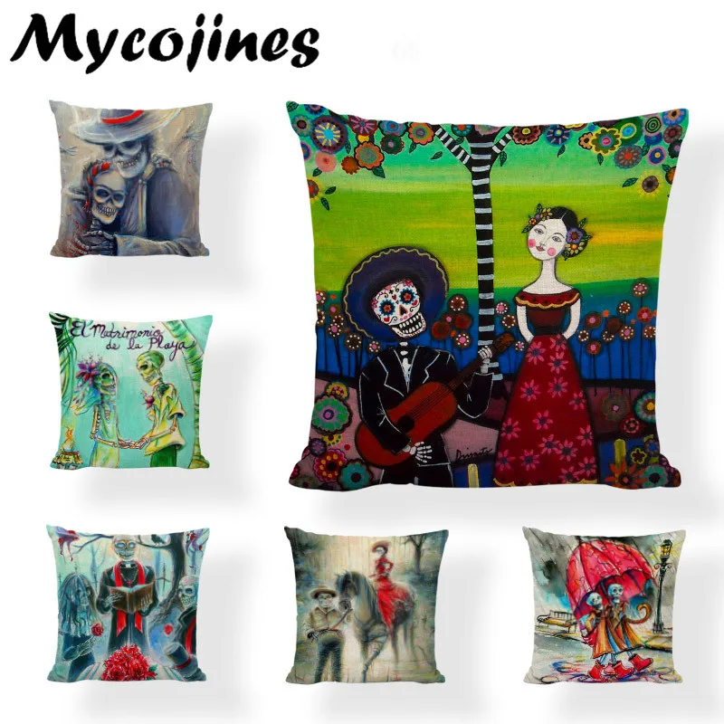 

Sugar Skull Cushion Covers Mexican Style Flowers Wedding Gifts Printed Home Decor Gamer Chair Day Of The Dead Throw Pillows Case