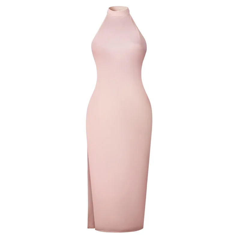Qunndy Sexy Halter Neck Long Dress Women Backless Vestidos Split Summer Sleeveless Nightclub Party Bodycon Dresses Robe Femme (5)