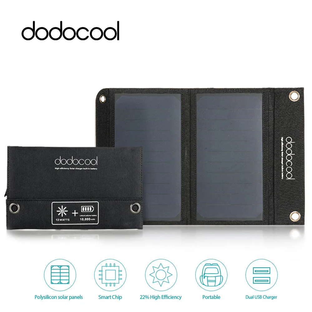 

dodocool 10000mAh Dual USB Solar Power Bank Solar Panel Portable Charger External Battery Universal Powerbank For iPhone Xiaomi