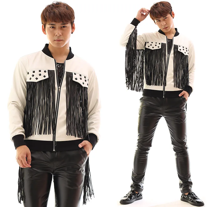 Men's Novelty Tassel Leather Jacket Costumes Male Performance Coat