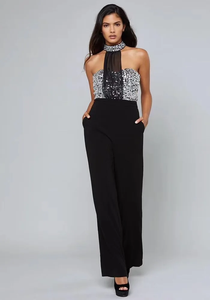 

Jumpsuits Women Sexy Halter Beading Mesh Rayon Bandage Jumpsuit Celebrity Straight Party Jumpsuits