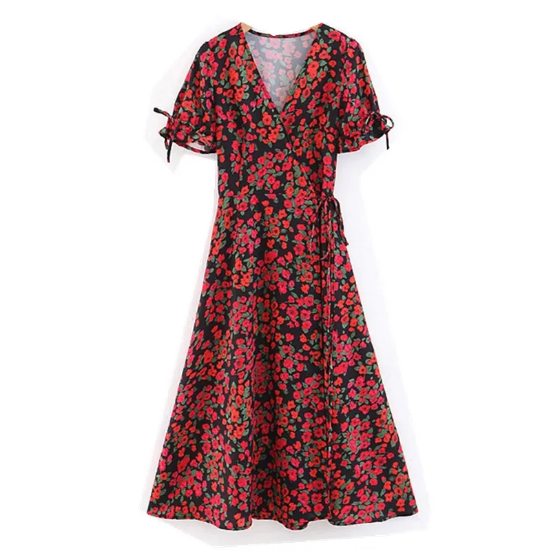 2019 Summer Flower  Print French Women Red Wrap Dress Lacing up Asymmetrical Short sleeve Slim fit Long Dresses