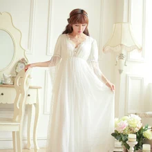 Кружево мягкой сетчатой ткани Для женщин Длинная Ночная рубашка принцессы пижамы бежевая Пижама для мальчиков и девочек; roupas de dormir femininas