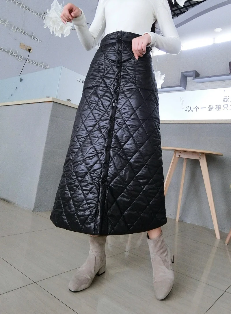 Высокая талия вниз хлопок трапециевидной формы юбки женщин зима утолщаются размера плюс длинная однобортная юбка