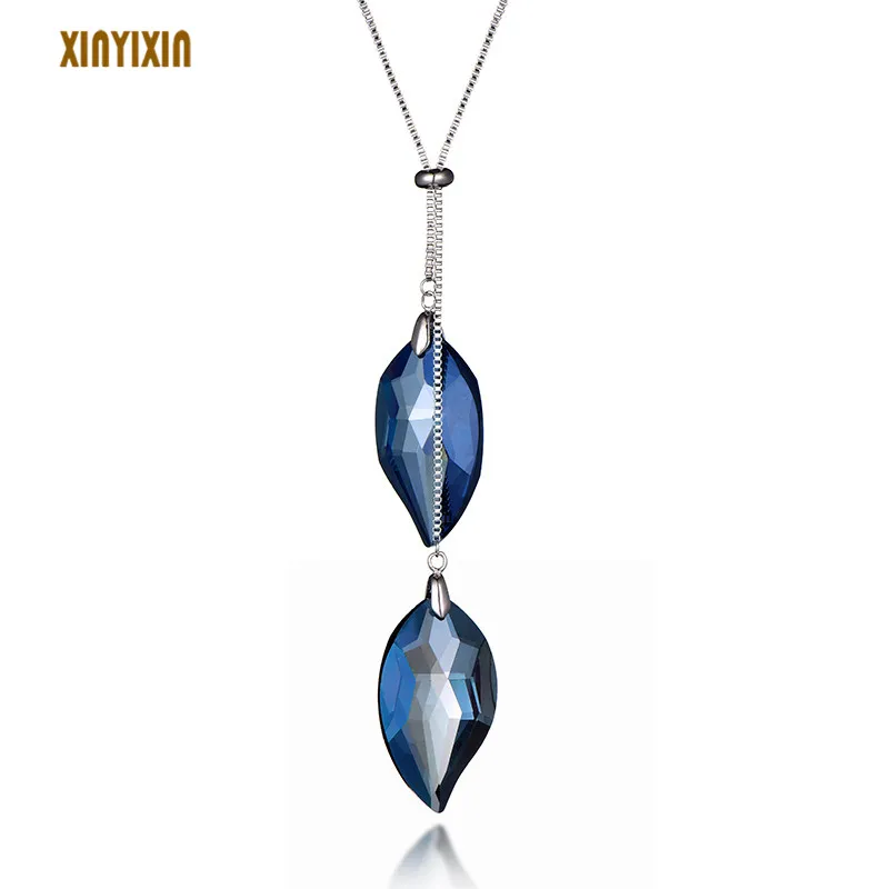 

Big Blue Rhinestone Pendant Necklace for Women Elegant Clear Crystal Long Necklace Sweater Suit Accessory Christmas Party Gift