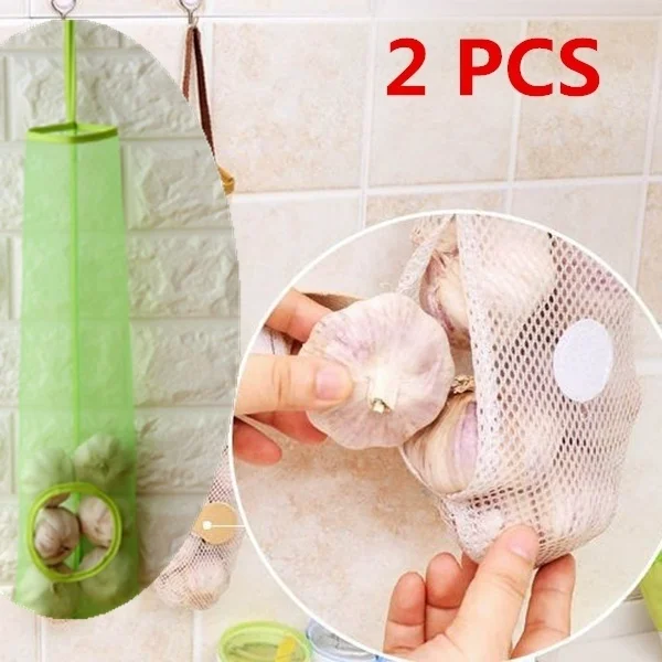 

2 PCs Kitchen Hanging Fruits and Vegetables Storage Net Bag Garlic Potato Onion Storage Bag Mesh Extraction Bags