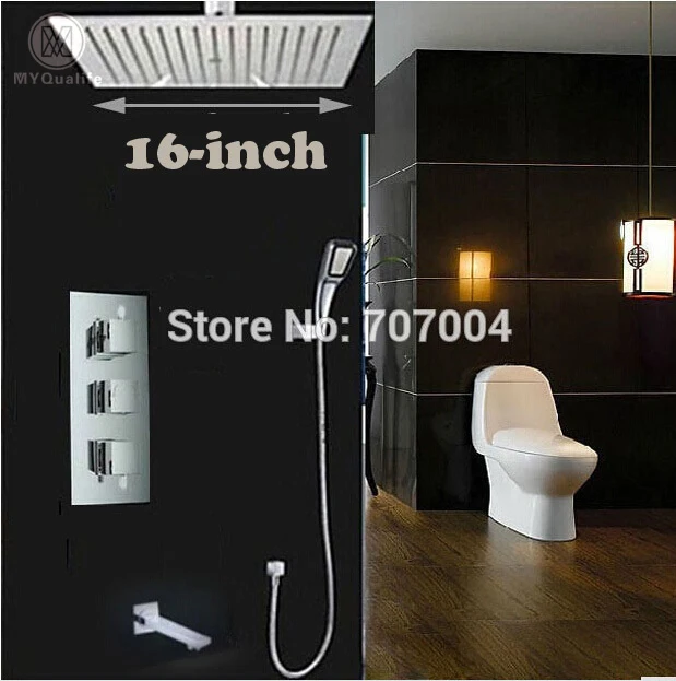 Luxury 16  Rainfall Shower Mixer Faucet  Set Three Handles Thermostatic Mixer Valve + Brass Tub Spout Chrome Finish