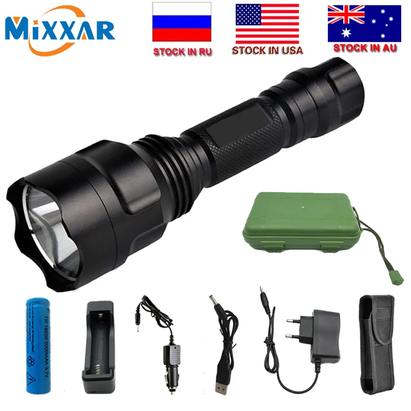

C8 LED Flashlight T6/L2 Torch 9500LM 5 modes Dropshipping Riding Camping Hiking Hunting Light Lamp toch+18650 battery+charger