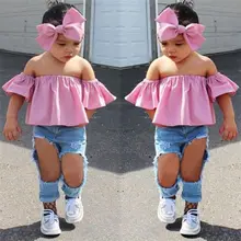 Комплект из 3 предметов для маленьких девочек; шифоновые топы с короткими рукавами и открытыми плечами; длинные рваные джинсы; комплект одежды с повязкой на голову