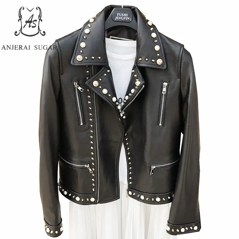 

Real sheepskin genuine leather jacket women 2019 new black sexy slim Manual nail bead rivet female korea punk motorcycle Jackets