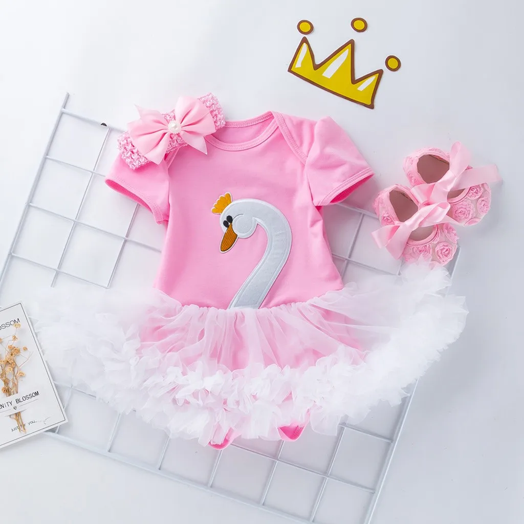 Комплект из 3 предметов для маленьких девочек: платье принцессы с рисунком лебедя+ повязка на голову+ обувь