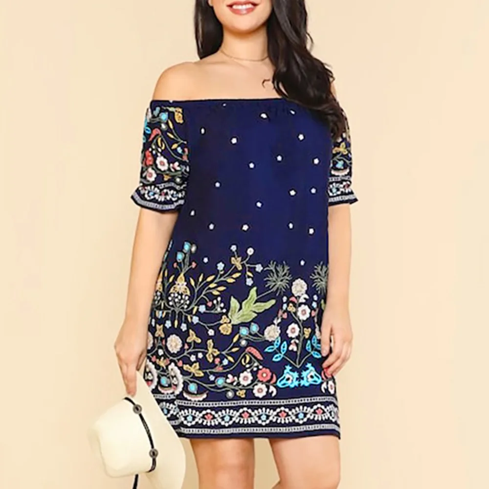 

Fashion Women Plus Size New Summer Casual Sleeveless Camis Botanical Floral Printed Off Shoulder Dress Dating Beach Party Dress