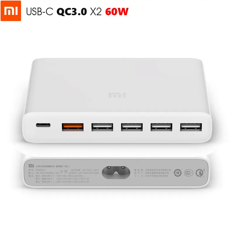 Оригинальное зарядное устройство USB Xiaomi 60 Вт Max Smart output 1 type-C 6 портов 5 USB-A Dual QC 3,0 Быстрая зарядка 18 Вт x2 24 Вт