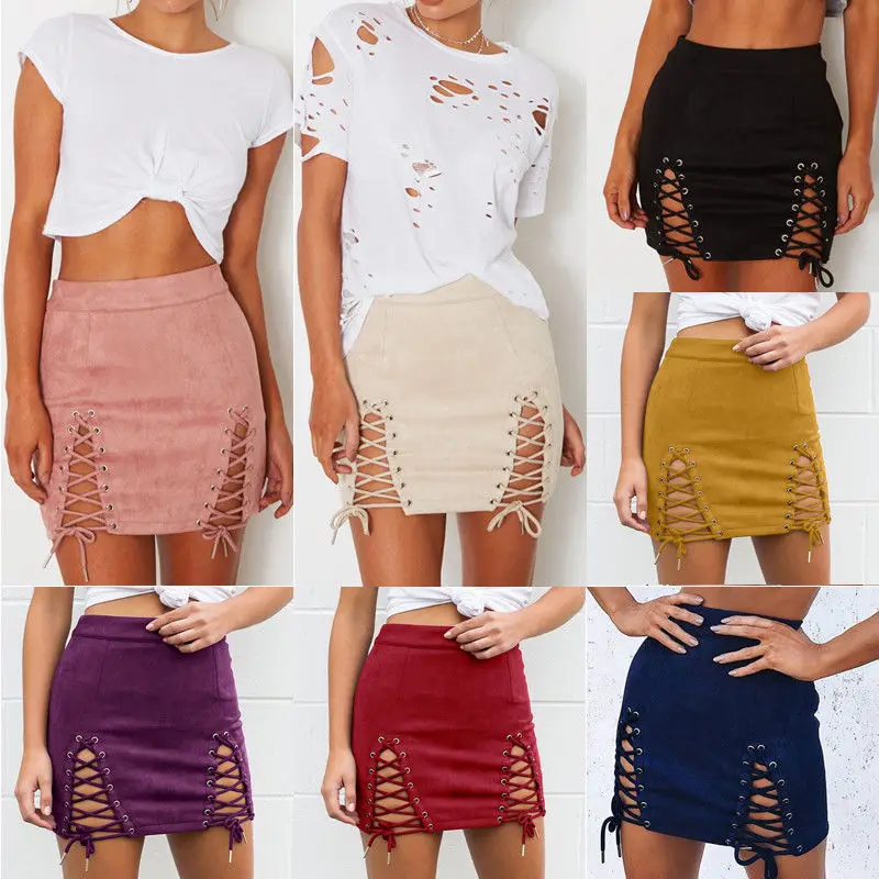 

Sexy Women Fashion Hot Unique Bow Casual Daily Wear Leather Suede Lace Up Bandage High Waist Party A Line Mini Skirt 12 Colors