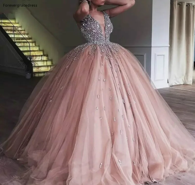 Champagne Tulle Ball Gown Quinceanera Dress 2019 Elegant Heavy Beaded Crystal Deep V Neck Sweet 16 Dresses Evening Prom Gowns  187 (1)