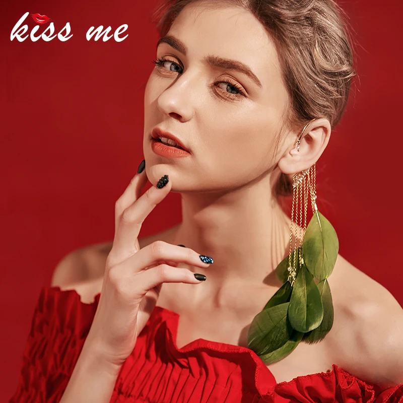 KISS ME, 6 цветов, серьги с натуральным пером, уникальные, одиночные, длинные, сплав, цепочка, кисточка, висячие серьги для женщин, модное ювелирное изделие