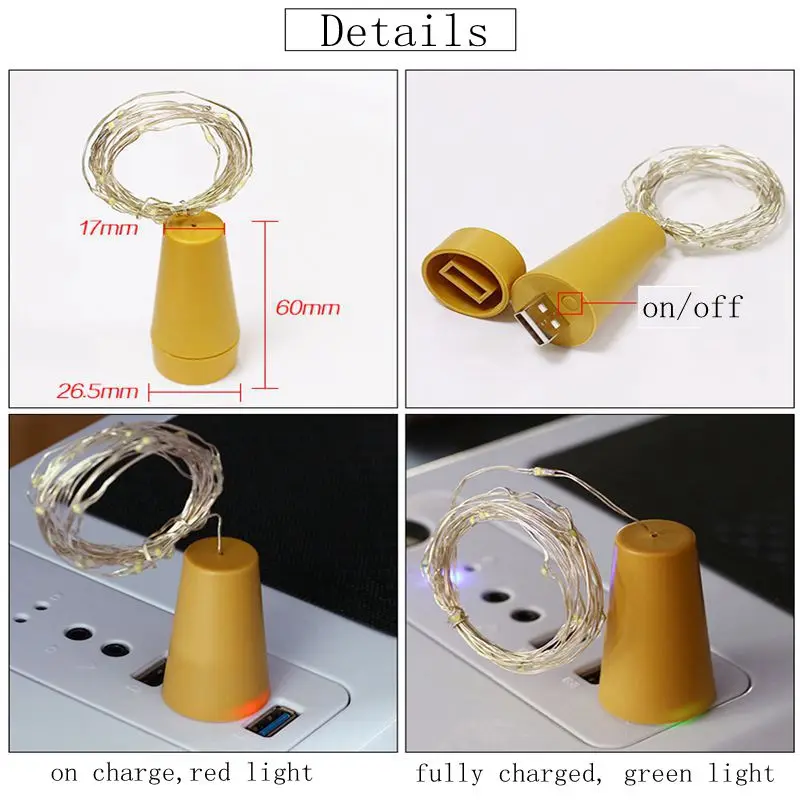 10 шт USB Перезаряжаемые 2 м светодиодов Строка лампы гирлянда провода бутылки вина пробкой свет из пробки в форме для свадьбы украшение дома