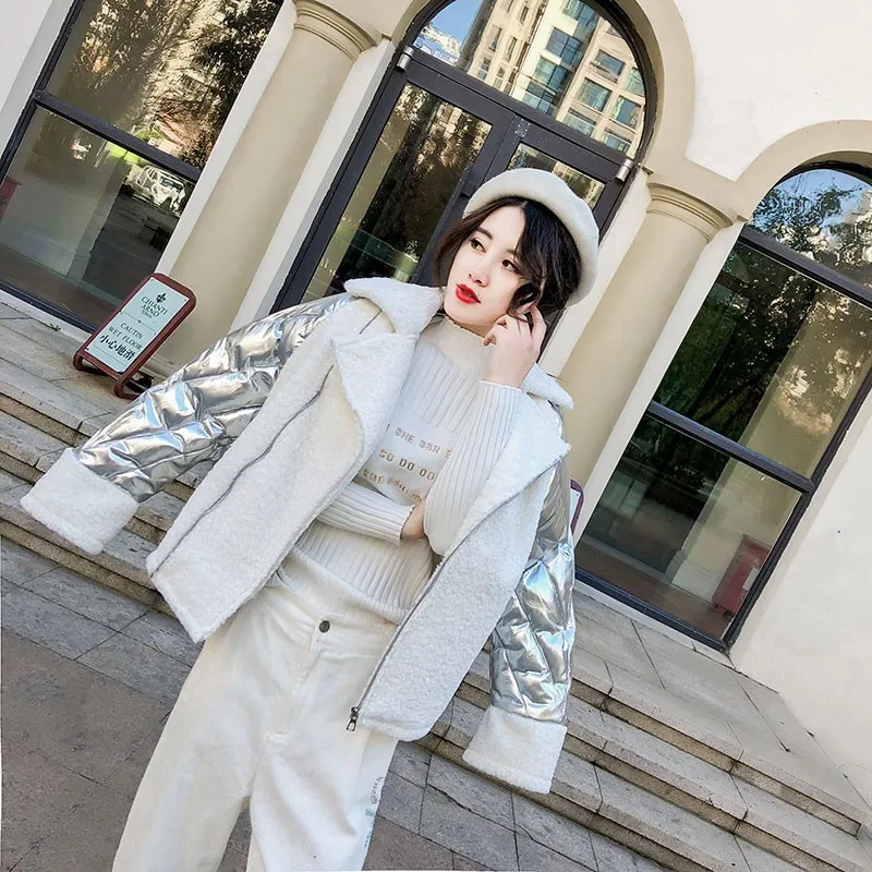 ZURICHOUSE Winter Down Jacket Women's Glossy Cotton Padded Coats Female Loose Short Pink Silver Patchwork Suede Parkas