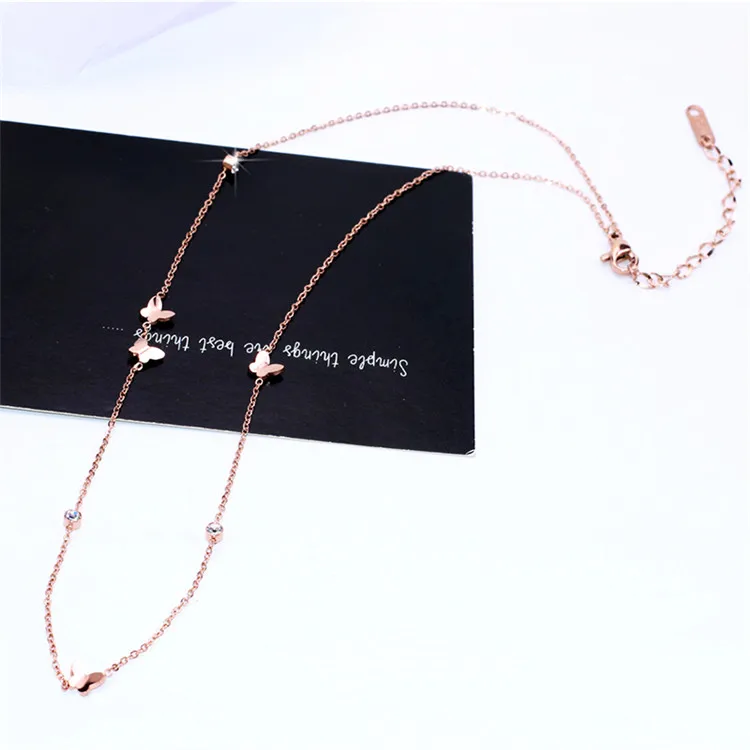 YUN RUO New Arrival Rose Gold Color Fashion Crystal Butterfly Chain Necklace Titanium Steel Jewelry Woman Gift Never Fade - Окраска металла: rose gold