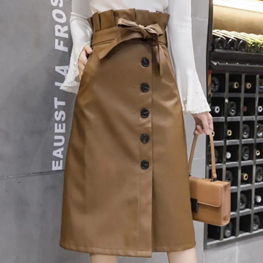 

New Women PU Leather Skirt Autumn Winter Split High Waist Skirts With Belt Office Lady Package Hip A-Line Skirt