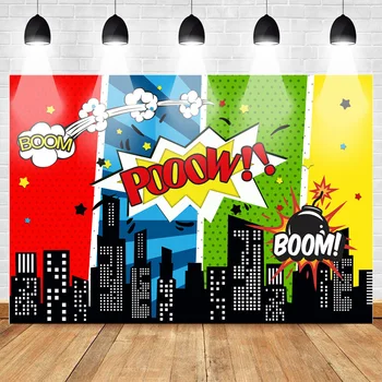 

Mehofoto Cartoon Super Hero Backdrop for Photography Super Man Children Birthday Party Banner Background Boom Building Colorful