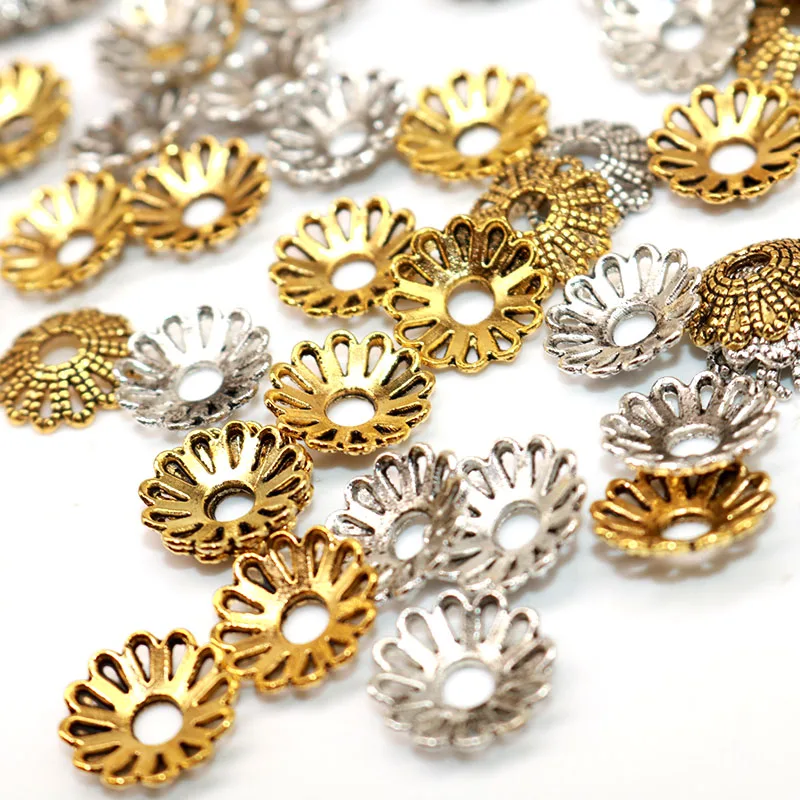 

PDFLKR 11MM 100pcs Alloy Bead Caps Tibetan Silver Plated Pattern End Caps Charms Handwork Jewelry Making Petals Flower Beads