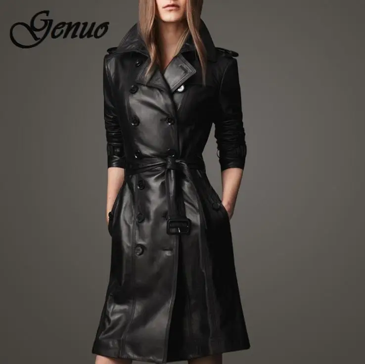 

Women Pu Leather Trench Coat Female Overcoat Spring Autumn Long Sleeve Double-breasted Long Coat Ladies Plus Size Windbreaker
