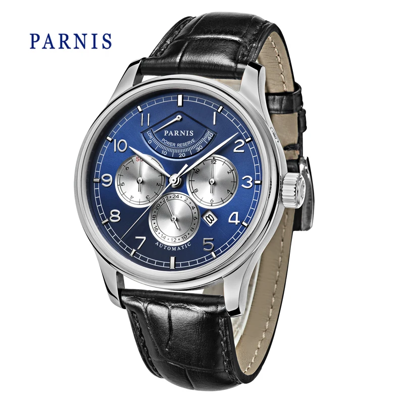 

Parnis 43mm Men's Watch Mechanical Automatic Power Reserved Week/Date/Moon Phase Business Dress Watch Leather steel strap