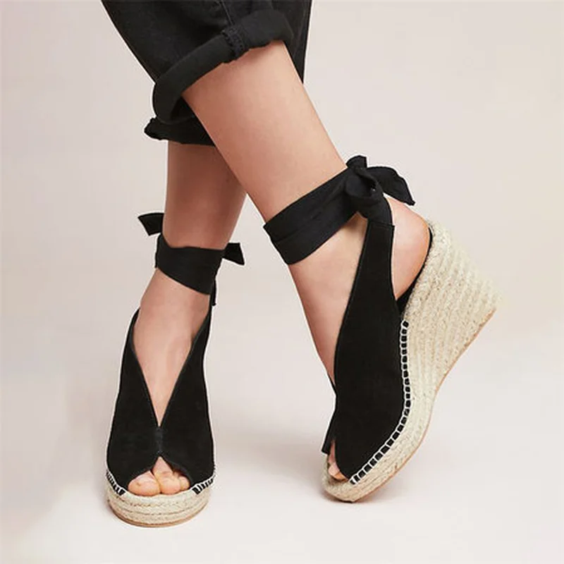 

Laamei Suede Leather Women Sandals Shoes Weave Wedge Heels Peep Toe High Heels Platform Pumps Lace Up Bandage Girl Sandals New